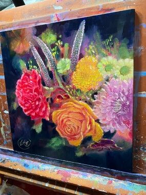 Floral bouquet original painting flower still life surreal nature beetles Ettina